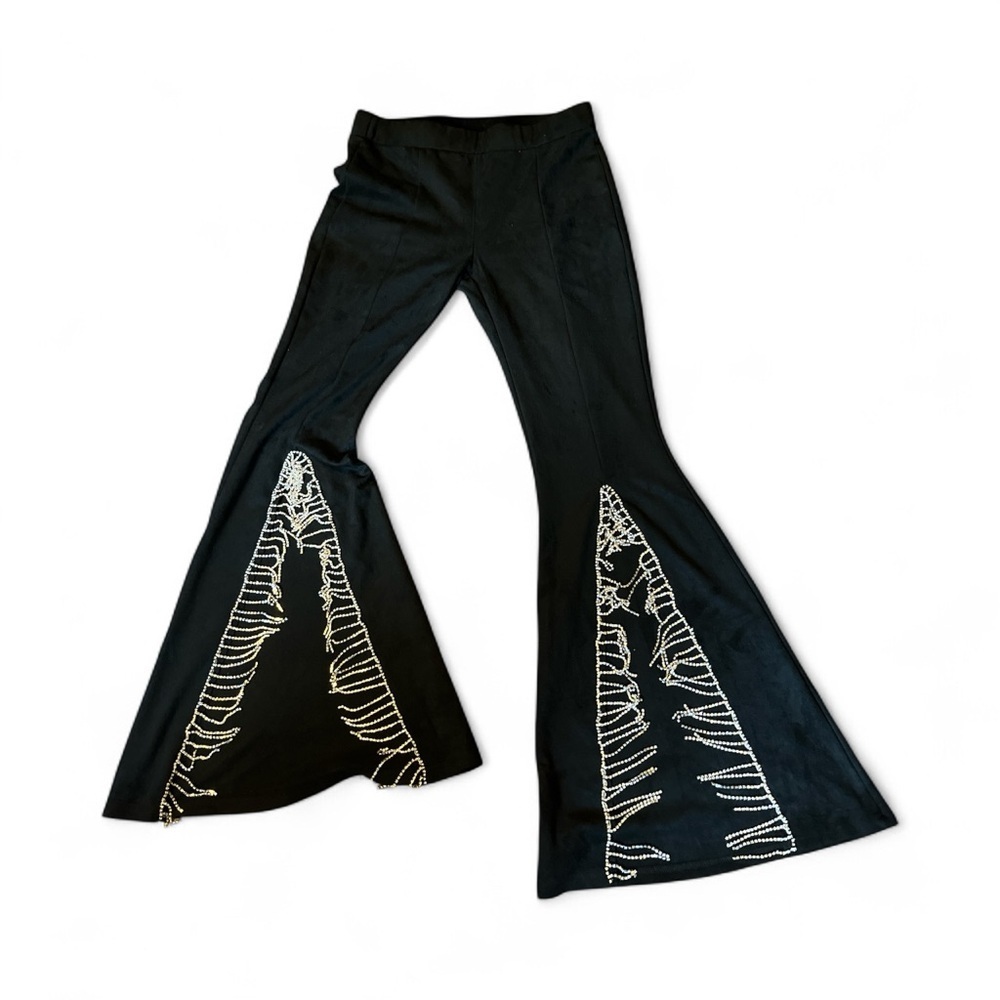 Vocal Apparel Vegan Suede Flared Pants with Split Front and Crystal Fringe NWT